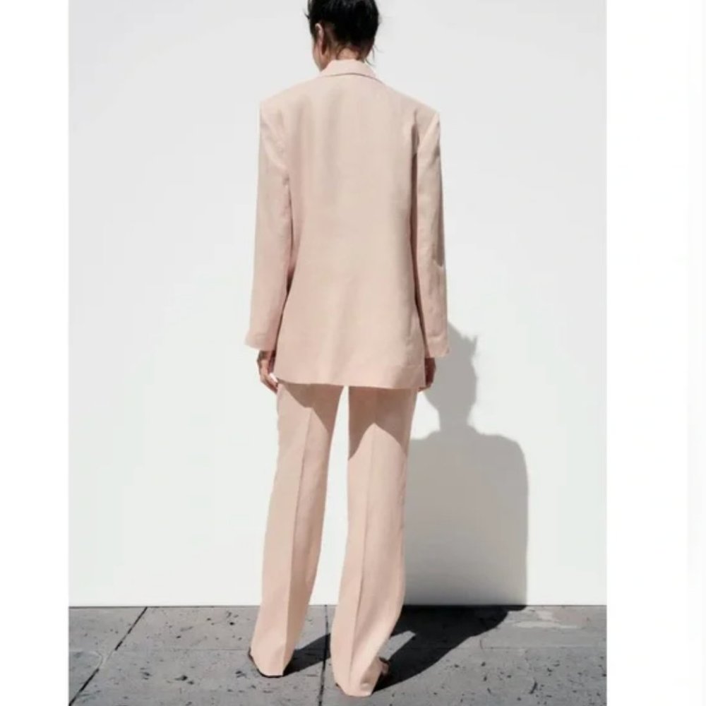 NWT Zara suit 100% linen straight cut blazer + straight leg pants beige-pink - Picture 3 of 12